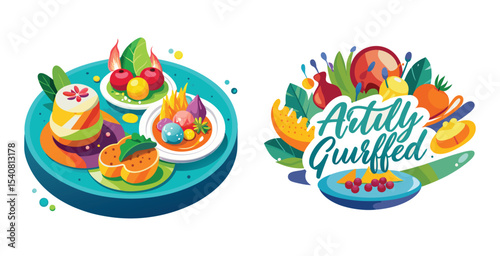 Artfully plated gourmet dishes showcasing vibrant food vector art set design
