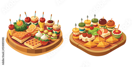 Assorted finger foods beautifully arranged on a wooden tray vector art set design