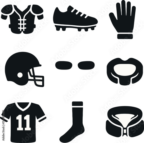 American football gear icons featuring shoulder pads, cleats, gloves, helmet, jersey, and protective equipment in a bold black silhouette style.