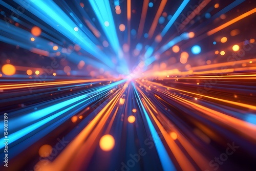 Futuristic digital illustration featuring blue, orange neon high-speed technology concept. Dynamic motion graphics, abstract background of cyberspace connectivity. Modern tech interface, web design,