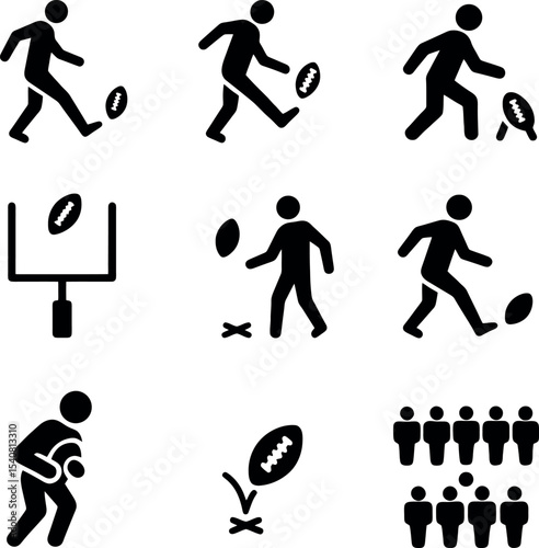 Football player actions in silhouette including pass, tackle, team lineup, and game play icons in minimal bold black vector.