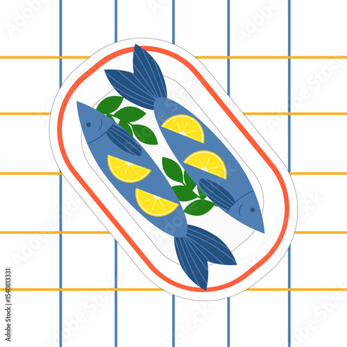 Sardines on a plate with lemon slices, seafood. Flat vector graphic illustration isolated on white background. Seafood and marine life concept. Design for posters, stickers and packaging