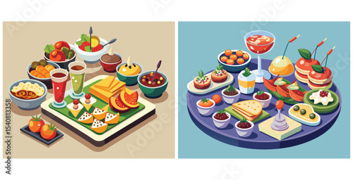 Assorted gourmet appetizers food on elegant serving tray vector art set design