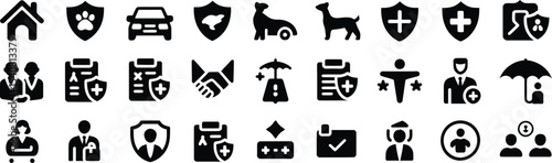 Monochrome Health, Safety, and Insurance Icon Set – Vector Protection, Insurance, Medical, and Security Symbols for Health Services and Protection Plans