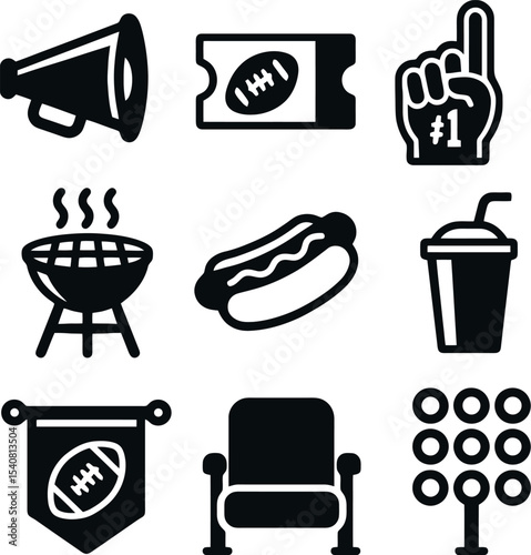 American football fan experience icon set with megaphone, snacks, tickets, and seating. Vector silhouettes capturing the stadium vibe in black.