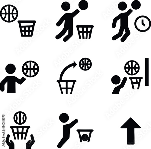 Basketball scoring action icons featuring slam dunks, buzzer beaters, 3-point throws and celebratory gestures. Clean black symbols for match results.