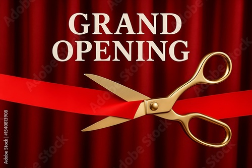 Grand Opening Ceremony: Red Ribbon Cutting Scissors on Rich Velvet Curtains