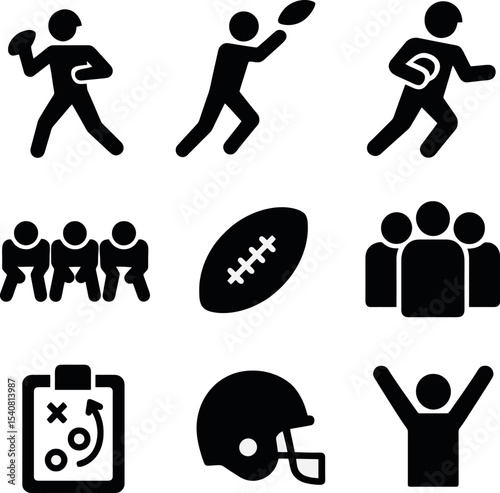 American football icons set showing player actions, equipment, strategy, and celebration.