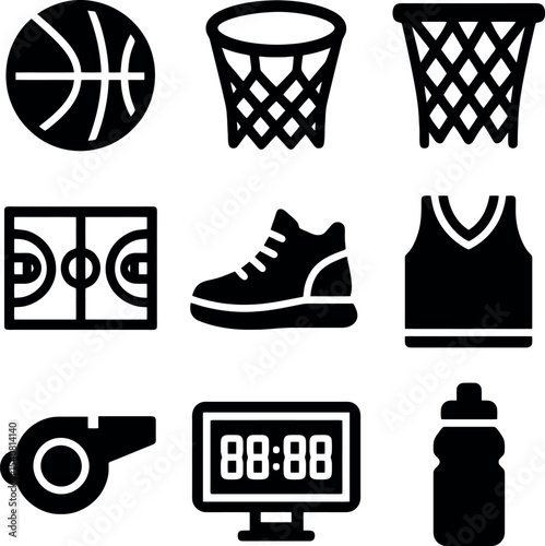 Minimalist black basketball icons featuring ball, hoops, court, shoes, scoreboard, and whistle. Perfect for sport-themed vectors.