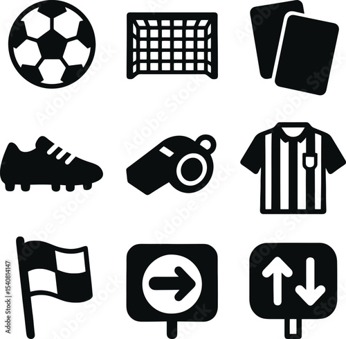 Soccer icon collection in black style with ball, net, cards, whistle, referee uniform, and field flags. Ideal for sports visuals.