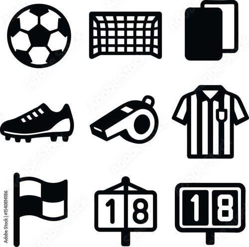 Black soccer icons set featuring ball, net, whistle, scoreboard, referee shirt, and flag. Ideal for vector collections and match designs.