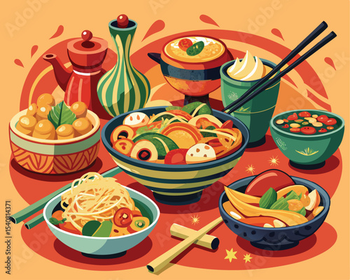 Authentic Chinese dishes beautifully plated on traditional way vector art design 