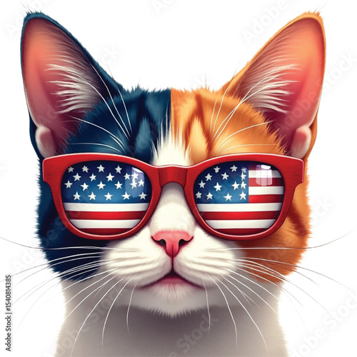 Patriotic cat with usa glasses and flag ,4th of july vector,cute cat with sunglasses.independence day