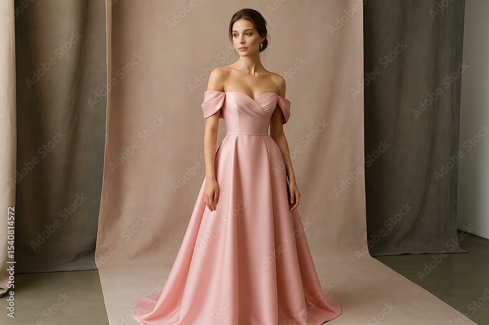 Elegant Blush Pink Off-Shoulder A-Line Gown: Formal Evening Dress Photography Elegant Blush Pink Off-Shoulder A-Line Gown: Formal Evening Dress Photography