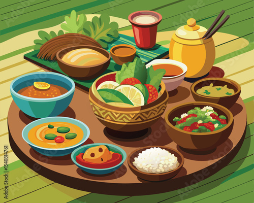 Burmese cuisine with traditional dishes food vector art design 