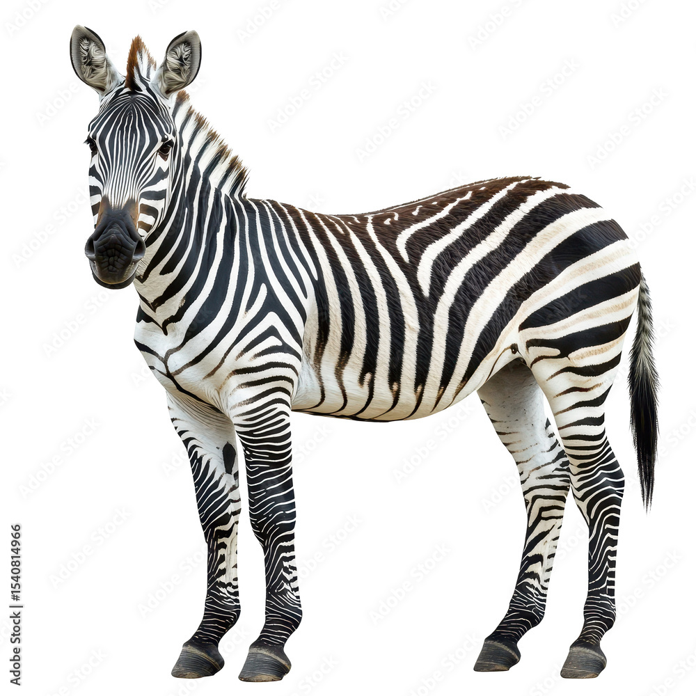 Fototapeta premium Majestic young zebra standing gracefully in its natural habitat in Africa, Young beautiful close up zebra Africa animal isolate die cut stand on White background in zoo