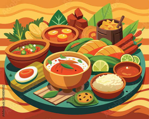 Filipino dishes beautifully arranged on tropical leaf vector art design 