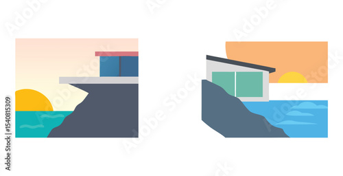 Modern cliff house perched dramatically on ocean side cliff vector art set design