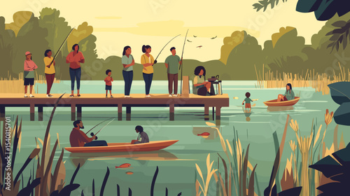 People fishing on a dock and in boats. Racially diverse individuals, plus-size parent, older adults, and a nonbinary person. Serene setting with cattails, fish, and calm water.