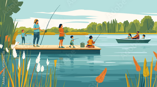 People fishing on a dock and in boats. Racially diverse individuals, plus-size parent, older adults, and a nonbinary person. Serene setting with cattails, fish, and calm water.
