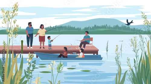 People fishing on a dock and in boats. Racially diverse individuals, plus-size parent, older adults, and a nonbinary person. Serene setting with cattails, fish, and calm water.
