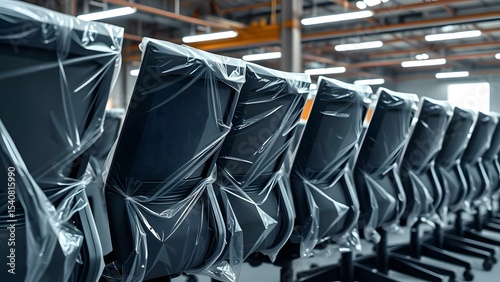 Packed office chairs ready for distribution and storage in a modern industrial setting.