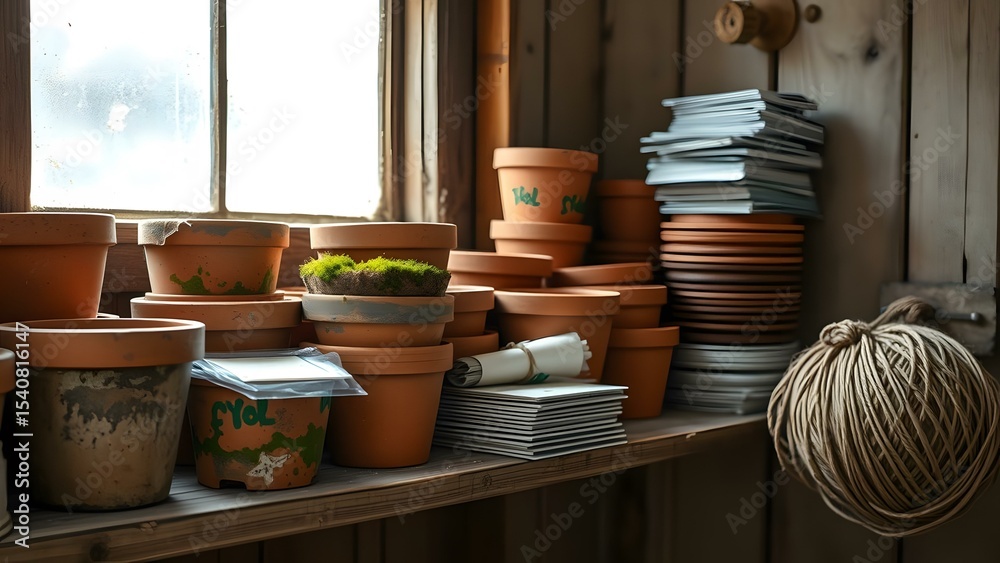 Fototapeta premium A cozy workspace filled with terracotta pots, gardening tools, and natural elements creates an inviting atmosphere.