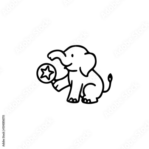 Cute elephant holding a star ball, hand-drawn vector illustration. Perfect for children's designs, playful decor, and educational materials. Black and white outline, simple and charming.
