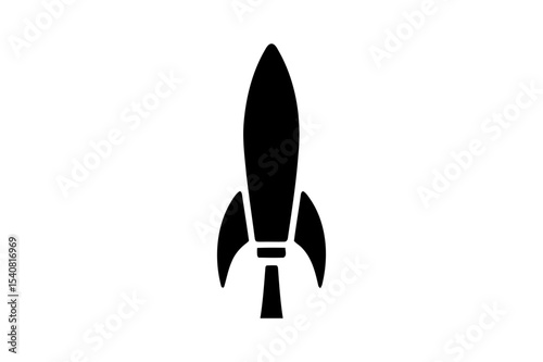 A silhouette of a rocket ship against white space