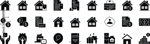 Monochrome Real Estate and Property Icon Set – Vector House, Mortgage, Location, Real Estate Deal, and Investment Symbols for Property Listings and Sales