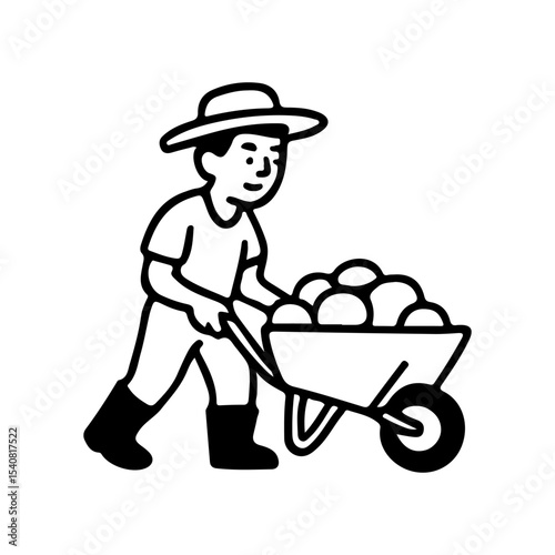 Farmer pushing a wheelbarrow full of produce, perfect for agronomy, agriculture, and farming themes. Vector illustration ideal for eco-friendly designs and organic lifestyle projects.