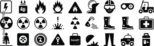 Monochrome Safety and Hazard Icon Set – Vector Electrical, Fire, Radiation, First Aid, and Emergency Safety Symbols for Workplace and Industrial Use
