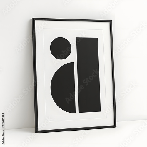 Stylish poster with black and white abstract geometric composition of circle, semicircle and rectangle, in black frame, leaning against white wall.