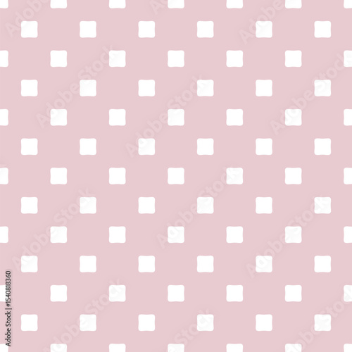Vector minimalist seamless pattern. Subtle pink and white minimal geometric background. Simple abstract texture with rounded squares, polka dots in regular grid. Repeated design for textile, wallpaper
