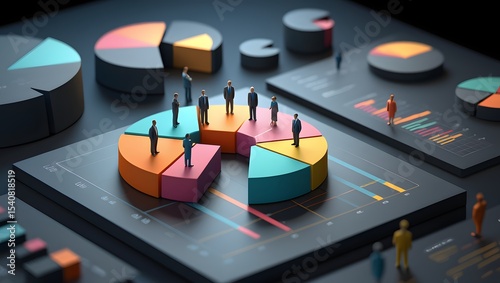 Colorful pie charts display market segmentation analysis. Demographic icons represent various customer groups within distinct market sectors. Data visualization tech clearly shows consumer behavior