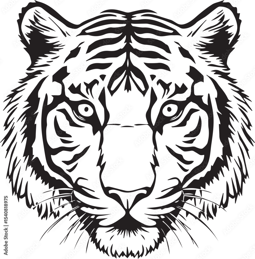 black and white tiger face illustration with bold linework — hand-drawn wildlife art for branding and editorial design black and white tiger face illustration with bold linework — hand-drawn wildlife art for branding and editorial design