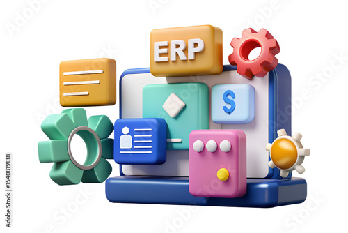 3D Render of ERP System and Business Process Icons on Laptop