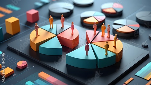 Colorful pie charts display market segmentation analysis. Demographic icons represent various customer groups within distinct market sectors. Data visualization tech clearly shows consumer behavior