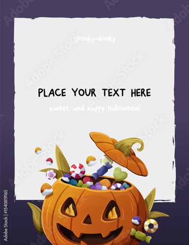 Vector Halloween card template with a smiling pumpkin full of candies and space for custom text. Fun festive design on a dark purple and light gray background. Ideal for invitations or greetings