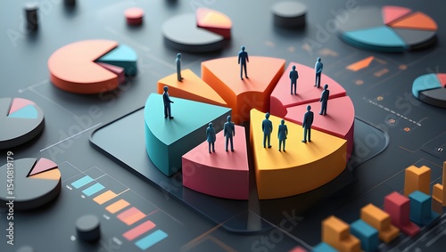 Colorful pie charts display market segmentation analysis. Demographic icons represent various customer groups within distinct market sectors. Data visualization tech clearly shows consumer behavior