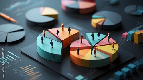 Colorful pie charts display market segmentation analysis. Demographic icons represent various customer groups within distinct market sectors. Data visualization tech clearly shows consumer behavior