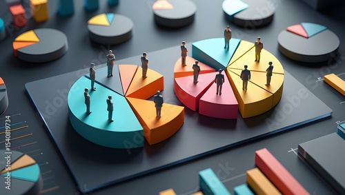Colorful pie charts display market segmentation analysis. Demographic icons represent various customer groups within distinct market sectors. Data visualization tech clearly shows consumer behavior