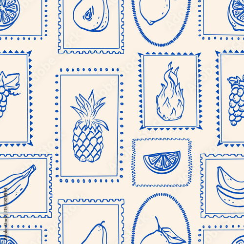 Fruits summer hand drawn seamless pattern.  Sketch drawing. Dragon fruit, pineapple, citrus, banana, apple, grape, lemon. Vector illustration.