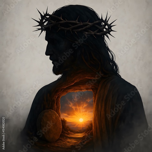 A silhouette of Jesus wearing a crown of thorns reveals an empty tomb and sunrise within, symbolizing resurrection and hope