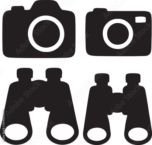 Silhouette vector of camera and binoculars. Ideal for travel, adventure, and photography-themed designs.