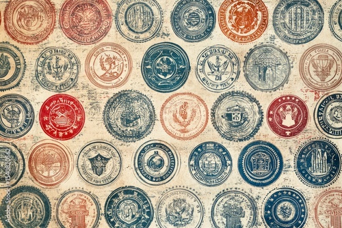 Muted ink illustration of custom stamps and heritage emblems in repeating layout