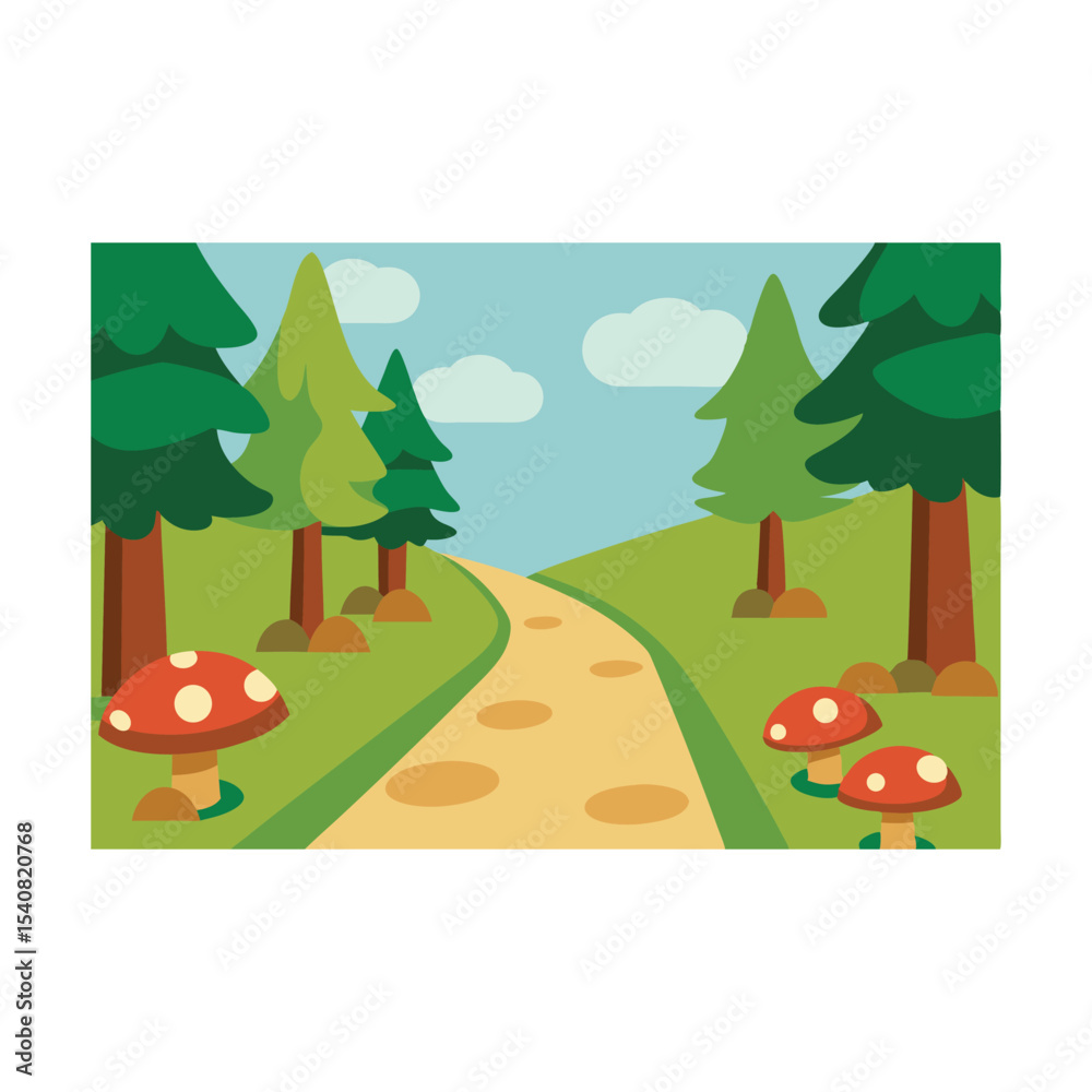 Obraz premium Green landscape illustration with trees, grass, and a bright summer sky