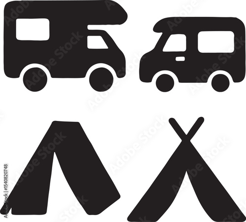 Silhouette vector of camper vans and tents. Perfect for camping, outdoor travel, and adventure-themed projects.