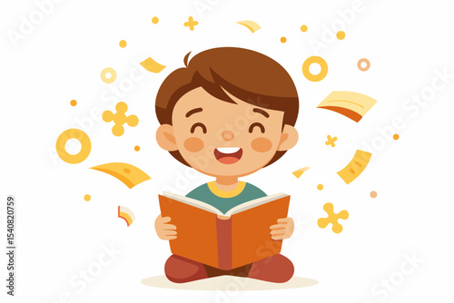 A smiling child reads a book with glowing letters flying out of it, on a white background with a slight glow and gold accents