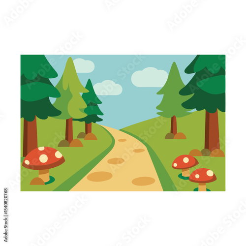 Green landscape illustration with trees, grass, and a bright summer sky